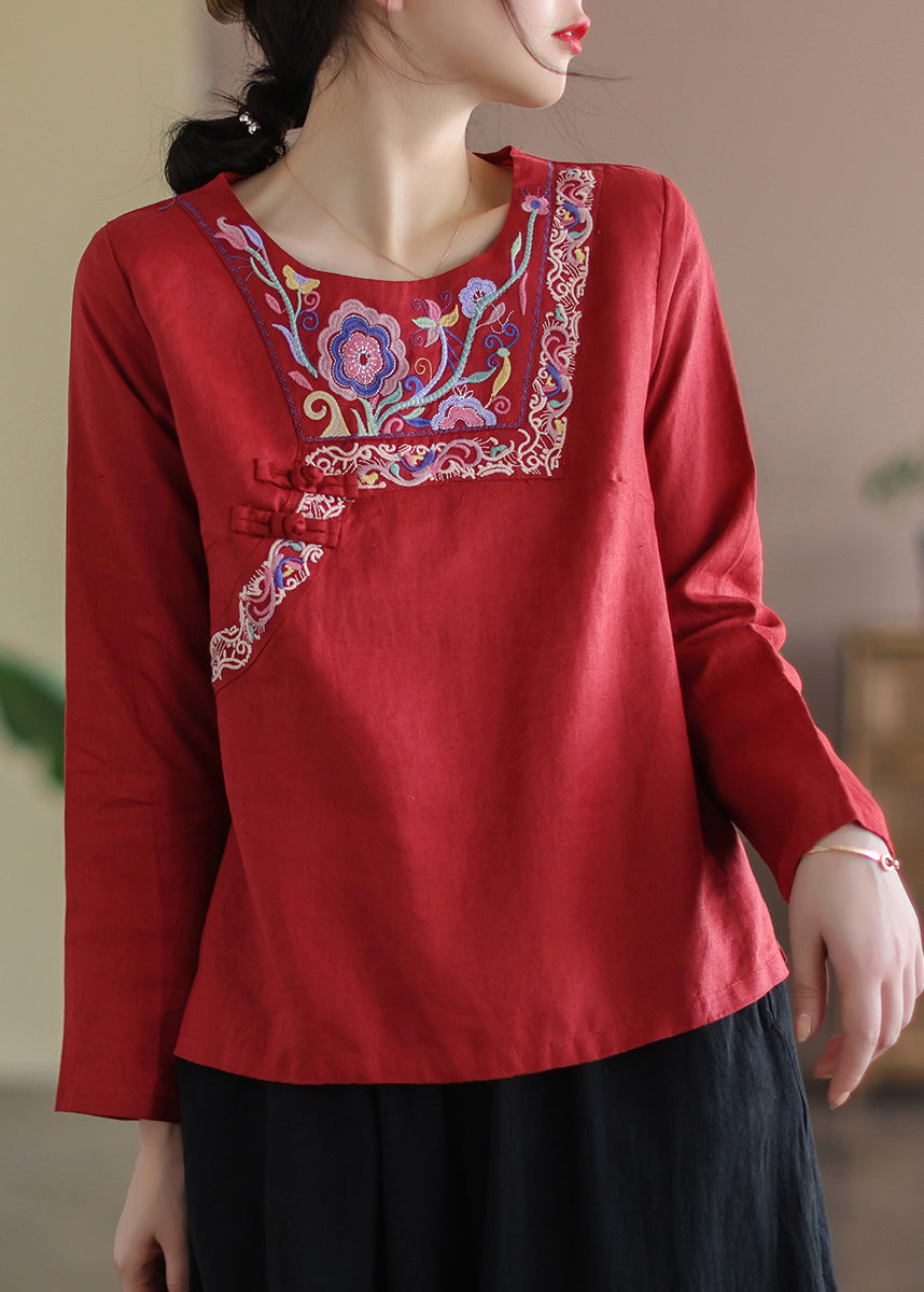 Classy Yellow O-Neck Embroideried Floral Linen Tops Long Sleeve