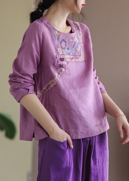 Classy Yellow O-Neck Embroideried Floral Linen Tops Long Sleeve