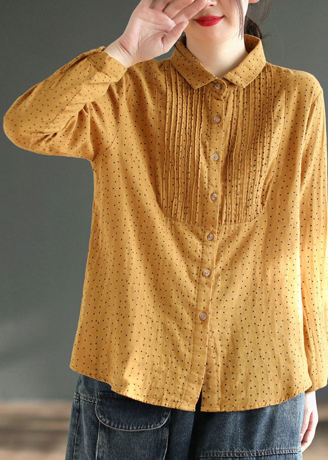 Classy Yellow Peter Pan Collar Print Wrinkled Patchwork Cotton Blouses Spring