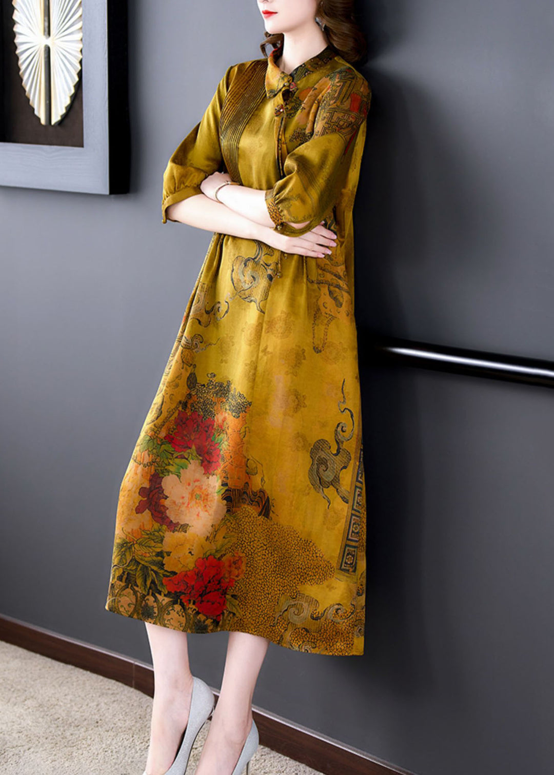 Classy Yellow Peter Pan Collar Print Wrinkled Patchwork Silk Dresses Summer