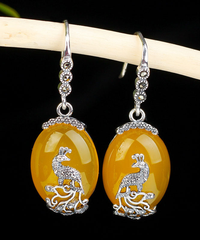 Classy Yellow Sterling Silver Inlaid Chalcedony Peacock Drop Earrings