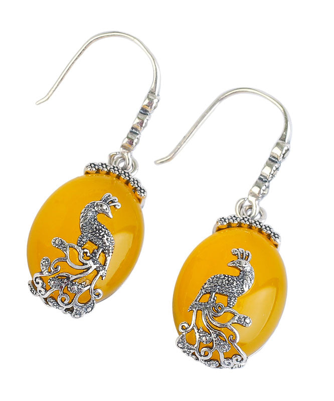 Classy Yellow Sterling Silver Inlaid Chalcedony Peacock Drop Earrings