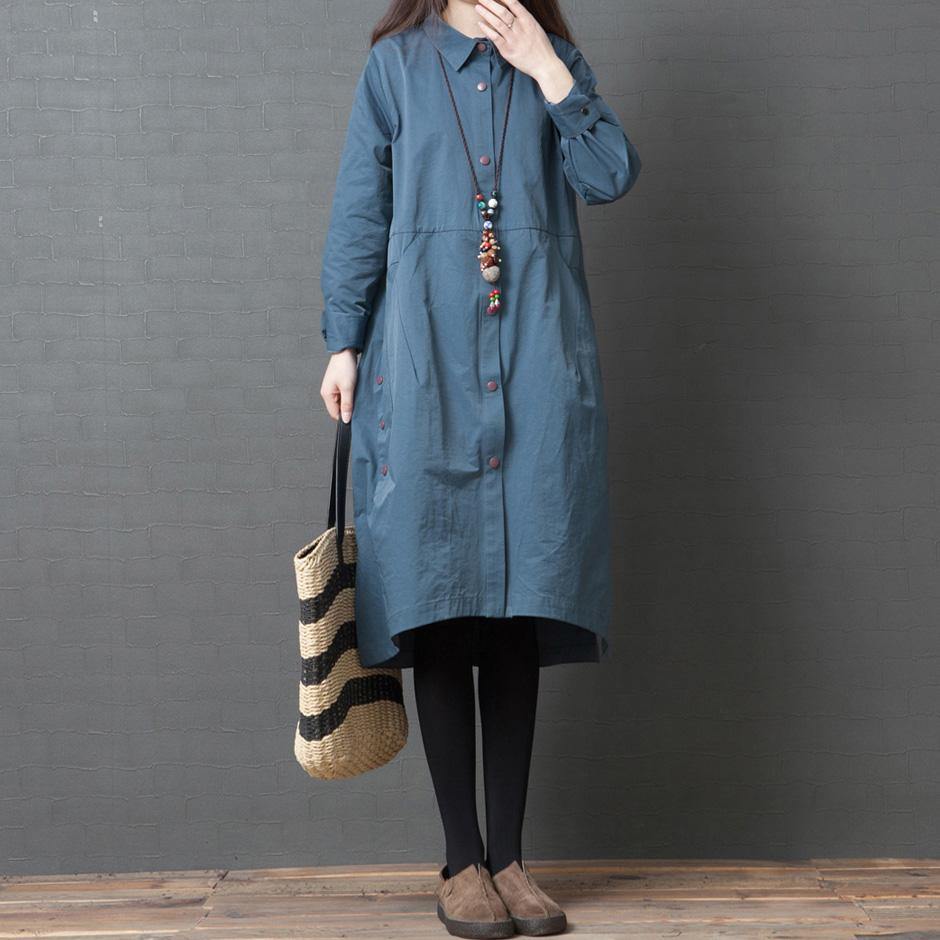 Classy asymmetric hem Cotton clothes For Women plus size Work Outfits blue shift Dress side open - Omychic