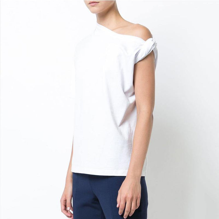 Classy asymmetric short sleeve cotton shirts women Cotton white top summer - Omychic