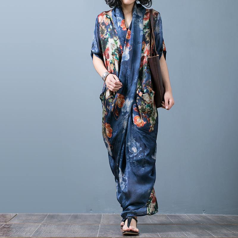 Classy Asymmetric Silk Clothes For Women Blue Print Dresses Summer ( Limited Stock) - Omychic
