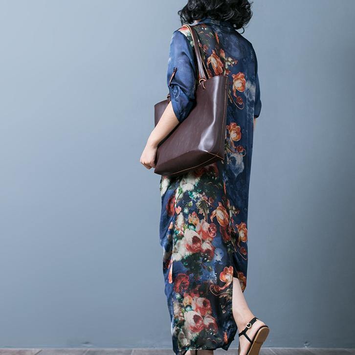 Classy Asymmetric Silk Clothes For Women Blue Print Dresses Summer ( Limited Stock) - Omychic