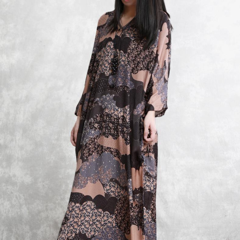 Classy batwing sleeve silk dresses plus size Wardrobes chocolate prints long Dresses summer - Omychic