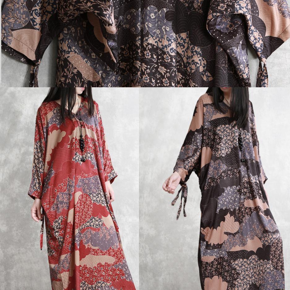 Classy batwing sleeve silk dresses plus size Wardrobes chocolate prints long Dresses summer - Omychic