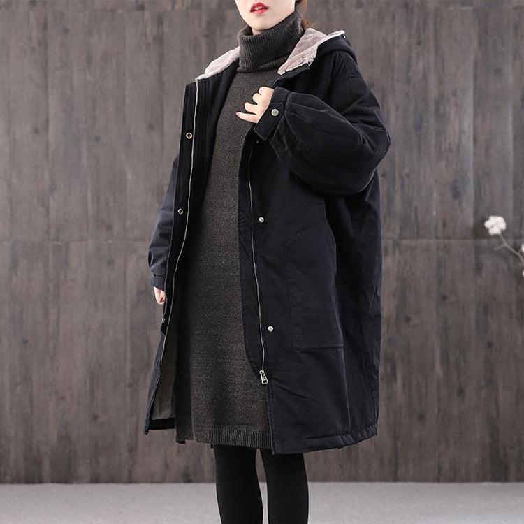 Classy black cotton tunics for women hooded zippered Midi coat - Omychic
