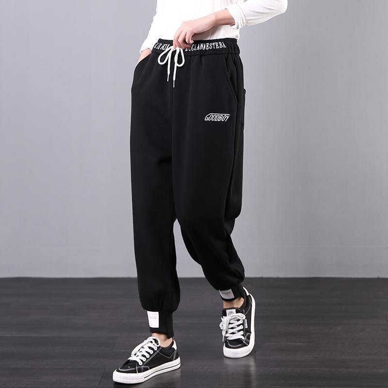 Classy black embroidery women's elastic waist Inspiration women pants - Omychic