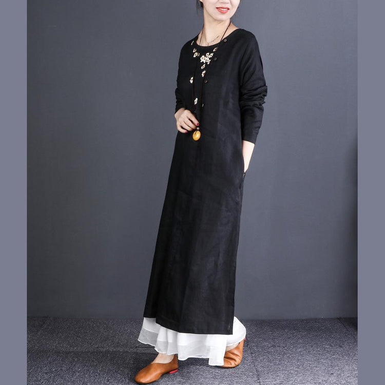 Classy black linen clothes Boho Online Shopping o neck side open Kaftan Dresses - Omychic