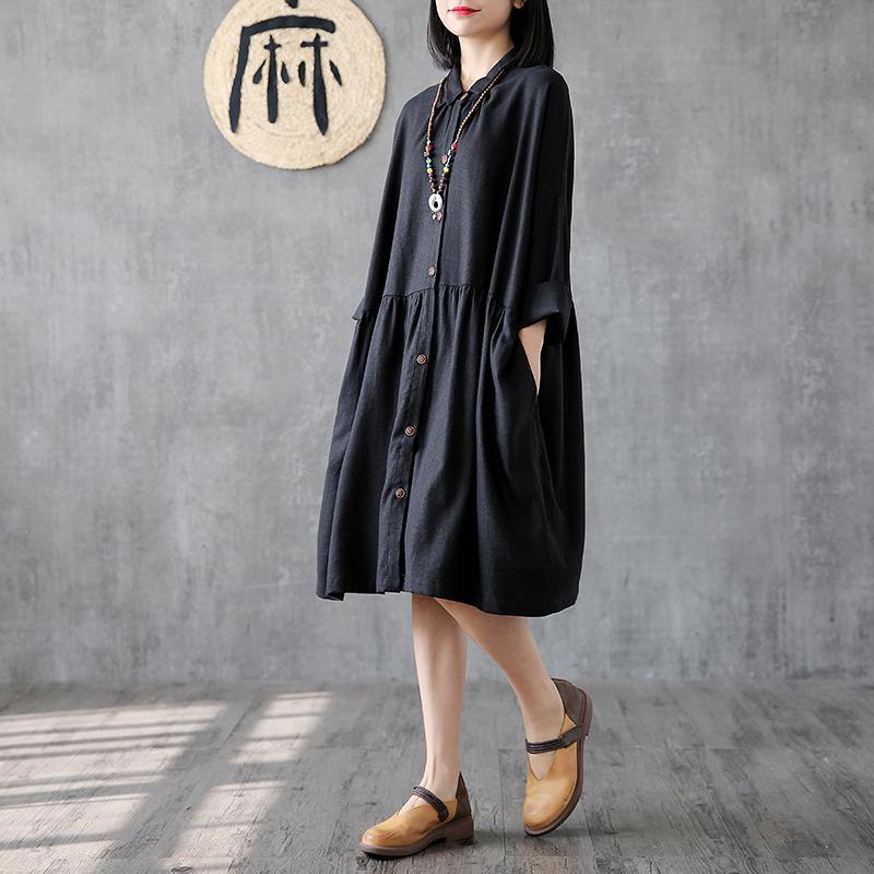 Classy black linen clothes For Women lapel wrinkled Plus Size Clothing Dress - Omychic
