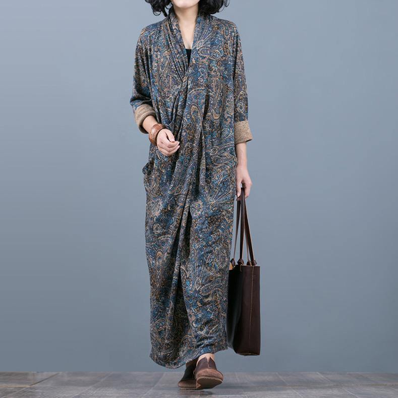 Classy blue print dresses Organic Online Shopping loose patchwork Dress - Omychic