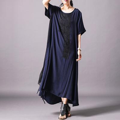 Classy blue silk Wardrobes Fine Spliced Irregular Geometric Round Neck Lace-Up Dress - Omychic