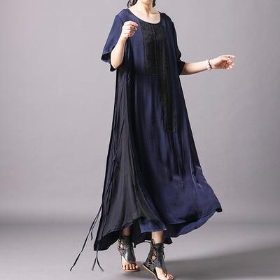 Classy blue silk Wardrobes Fine Spliced Irregular Geometric Round Neck Lace-Up Dress - Omychic
