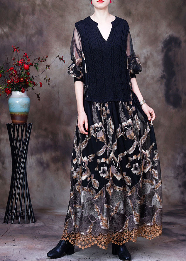 Classy coffee Lace Patchwork Knit Ankle Dress Spring