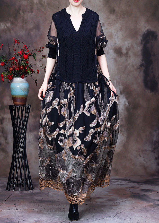 Classy coffee Lace Patchwork Knit Ankle Dress Spring