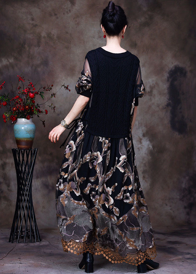 Classy coffee Lace Patchwork Knit Ankle Dress Spring