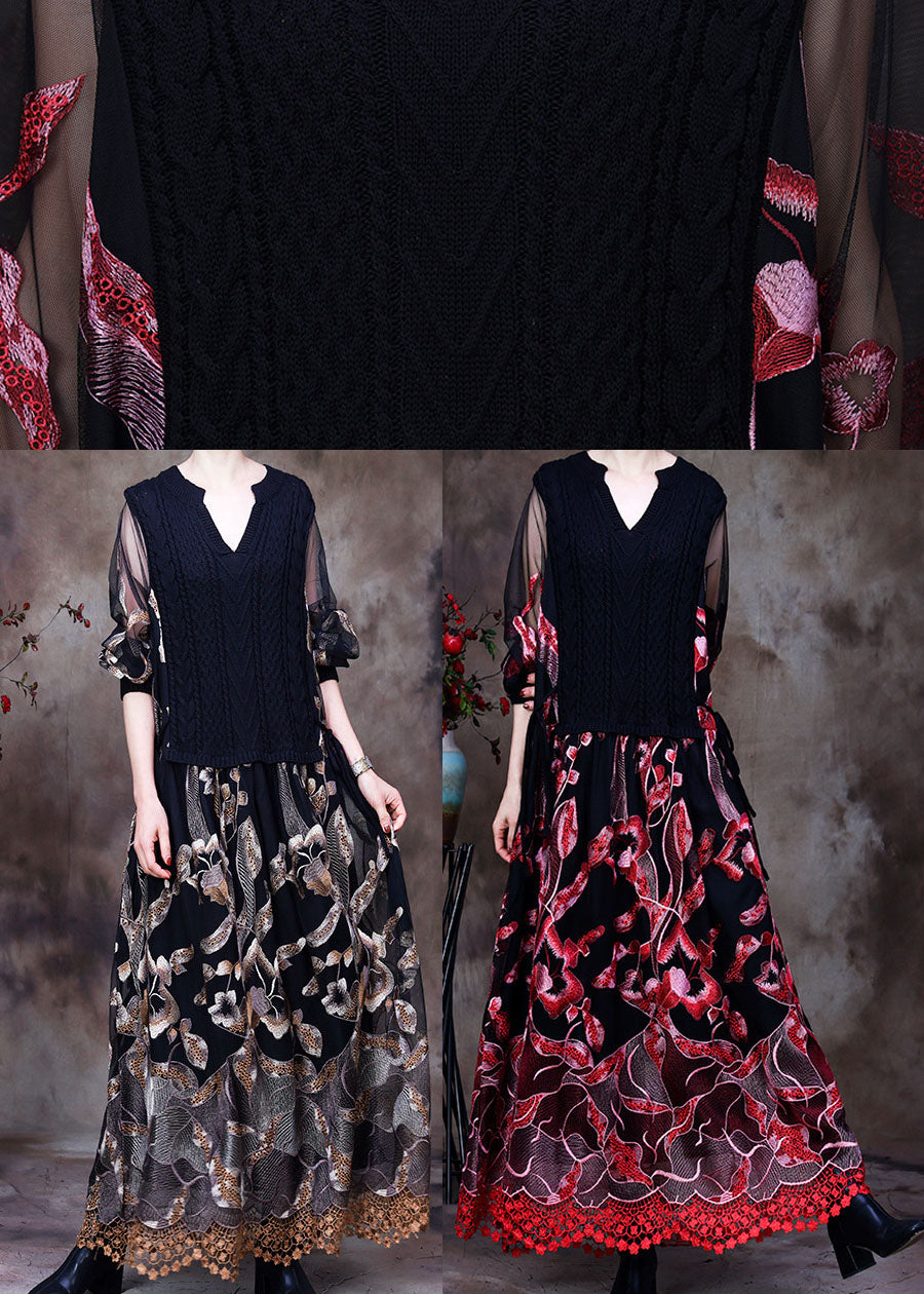 Classy coffee Lace Patchwork Knit Ankle Dress Spring