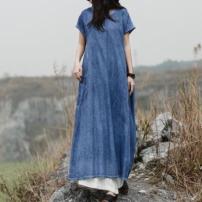 Classy cotton Vintage Solid Color clothes Women Korea Casual Blue Dress - Omychic