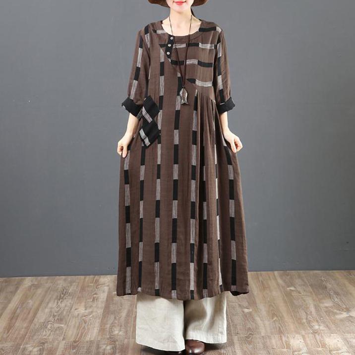 Classy cotton chocolate clothes Fitted Cotton Linen Asymmetrical Long Sleeve Dress - Omychic