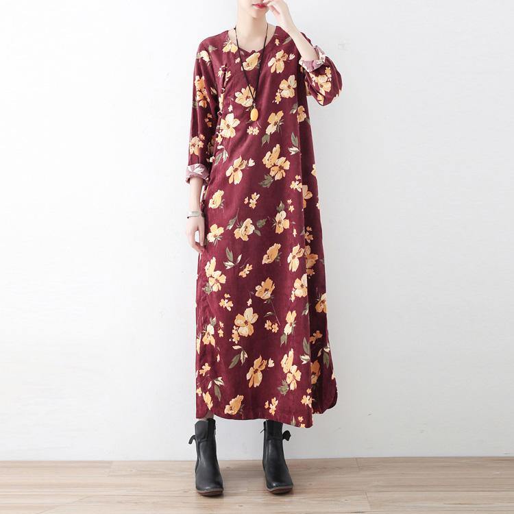 Classy cotton clothes For Women Korea O neck Chinese Button Neckline burgundy print Maxi Dresses - Omychic