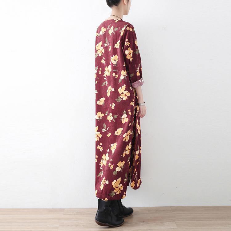 Classy cotton clothes For Women Korea O neck Chinese Button Neckline burgundy print Maxi Dresses - Omychic
