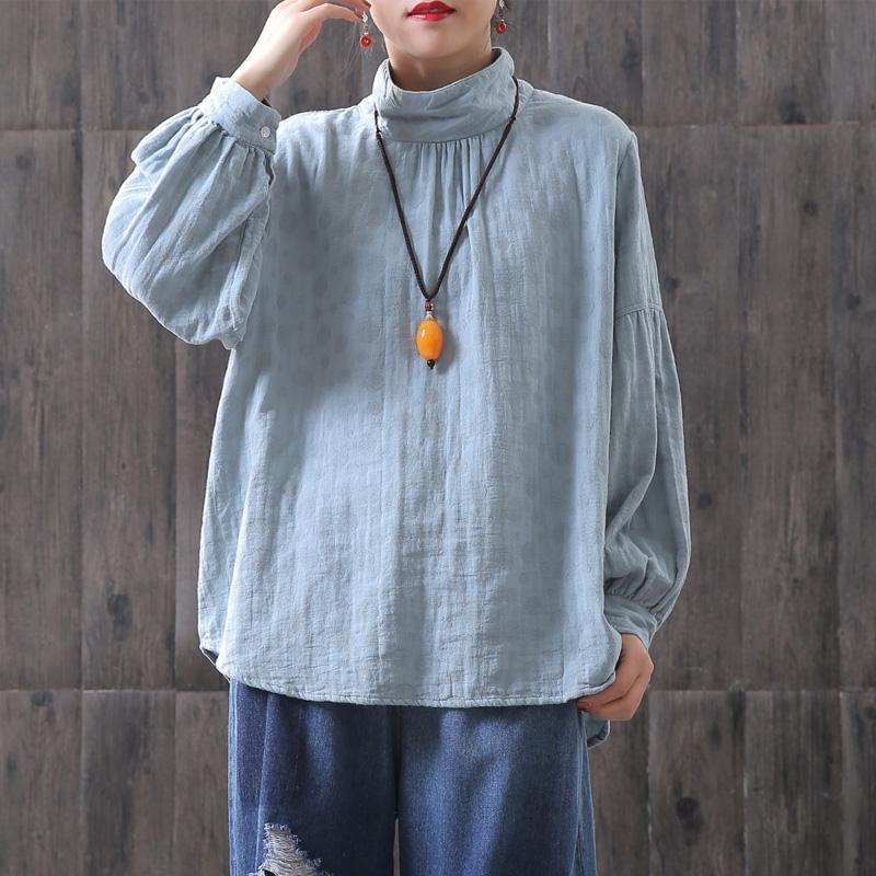 Classy cotton crane tops plus size blue Dots Women Turtleneck Lantern Sleeve Blouse - Omychic