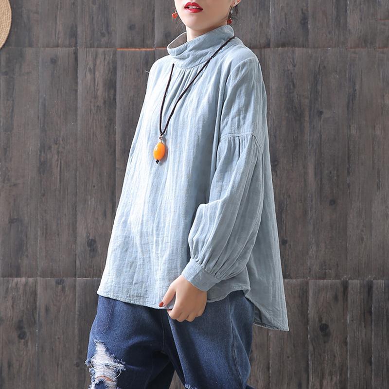 Classy cotton crane tops plus size blue Dots Women Turtleneck Lantern Sleeve Blouse - Omychic