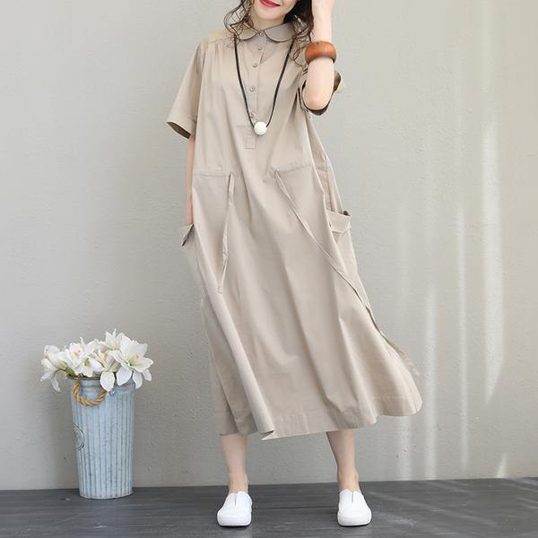 Classy cotton khaki clothes Stitches Solid Turn-down Collar Midi Short Sleeve Dress - Omychic