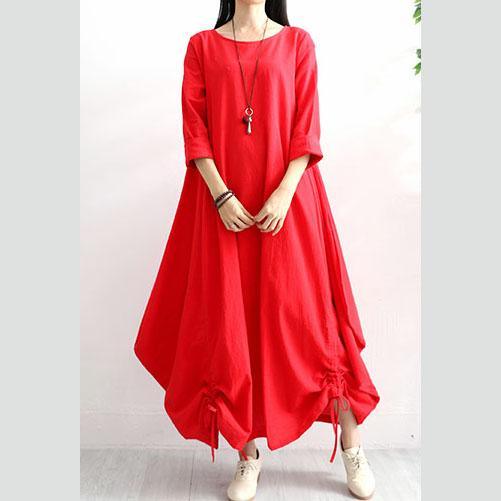 Classy drawstring hem linen clothes Work red long sleeve Dresses autumn - Omychic