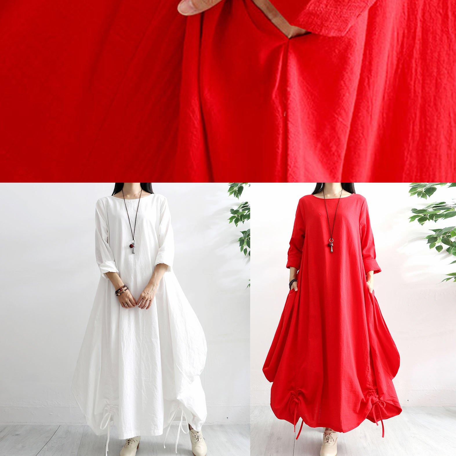 Classy drawstring hem linen clothes Work red long sleeve Dresses autumn - Omychic