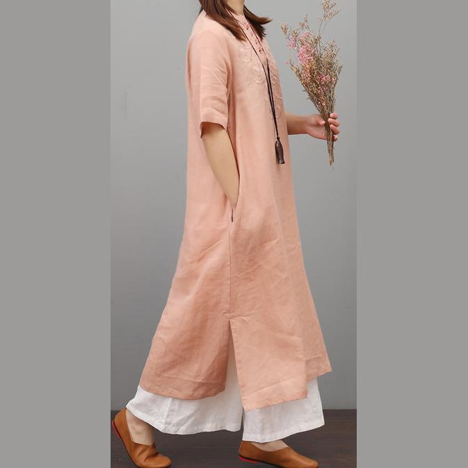 Classy embroidery side open linen Robes Tutorials pink Dress summer - Omychic