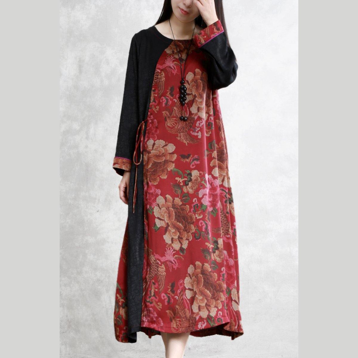 Classy false two piece silk clothes Indian Cotton red long Dress spring - Omychic