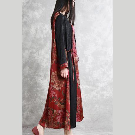Classy false two piece silk clothes Indian Cotton red long Dress spring - Omychic