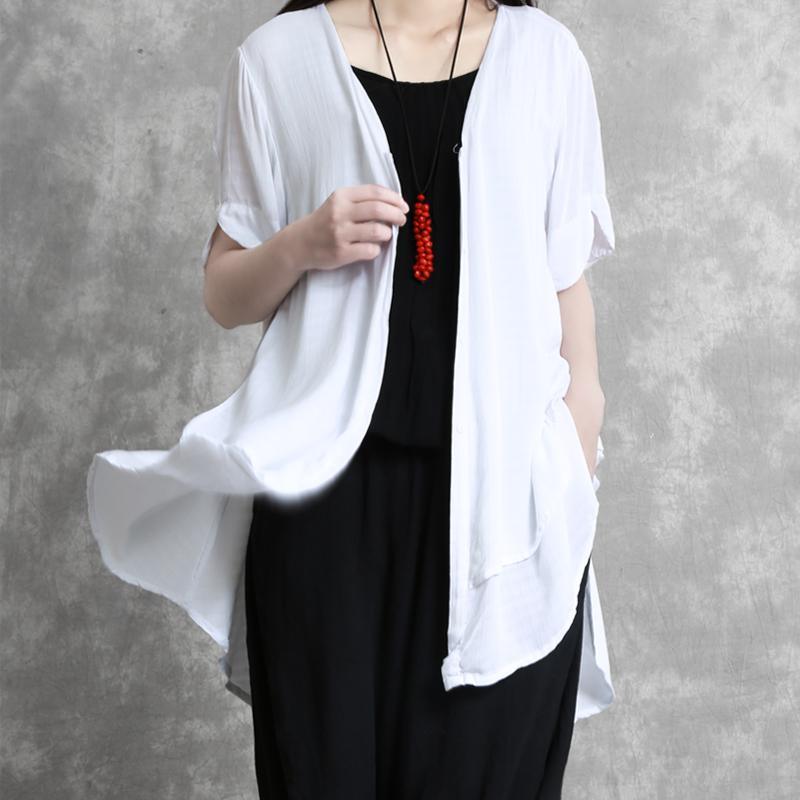 Classy false two pieces cotton linen top silhouette white short shirts v neck - Omychic