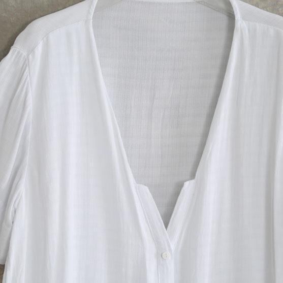 Classy false two pieces cotton linen top silhouette white short shirts v neck - Omychic