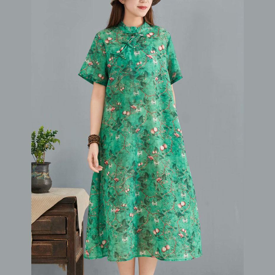Classy green print silk linen outfit stand collar Chinese Button baggy summer Dress - Omychic