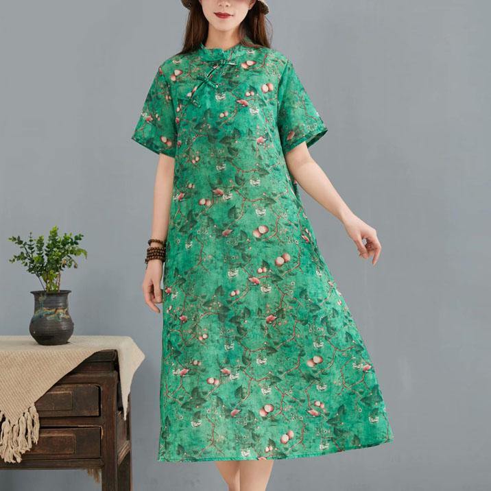 Classy green print silk linen outfit stand collar Chinese Button baggy summer Dress - Omychic