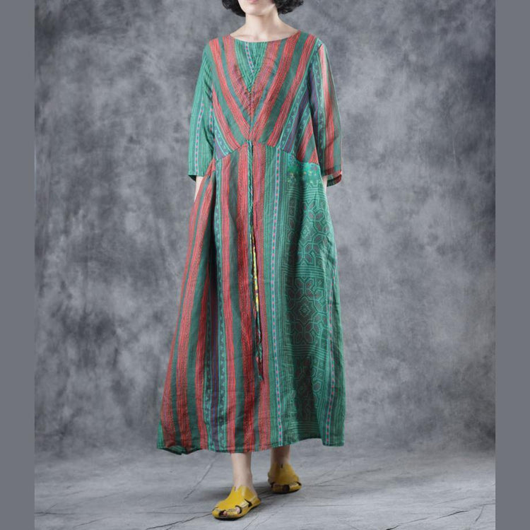 Classy green striped linen Robes o neck pockets Kaftan summer Dress - Omychic
