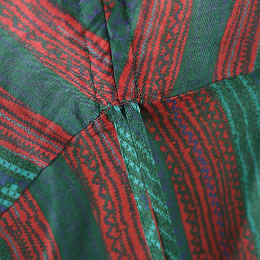 Classy green striped linen Robes o neck pockets Kaftan summer Dress - Omychic