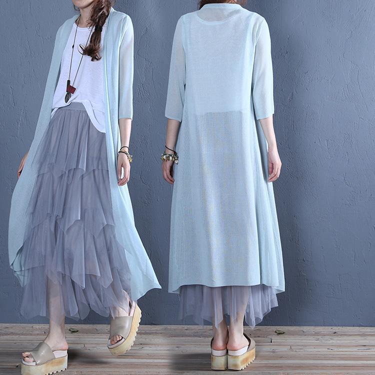 Classy half sleeve linen dress Cotton light blue Dresses cardigan - Omychic