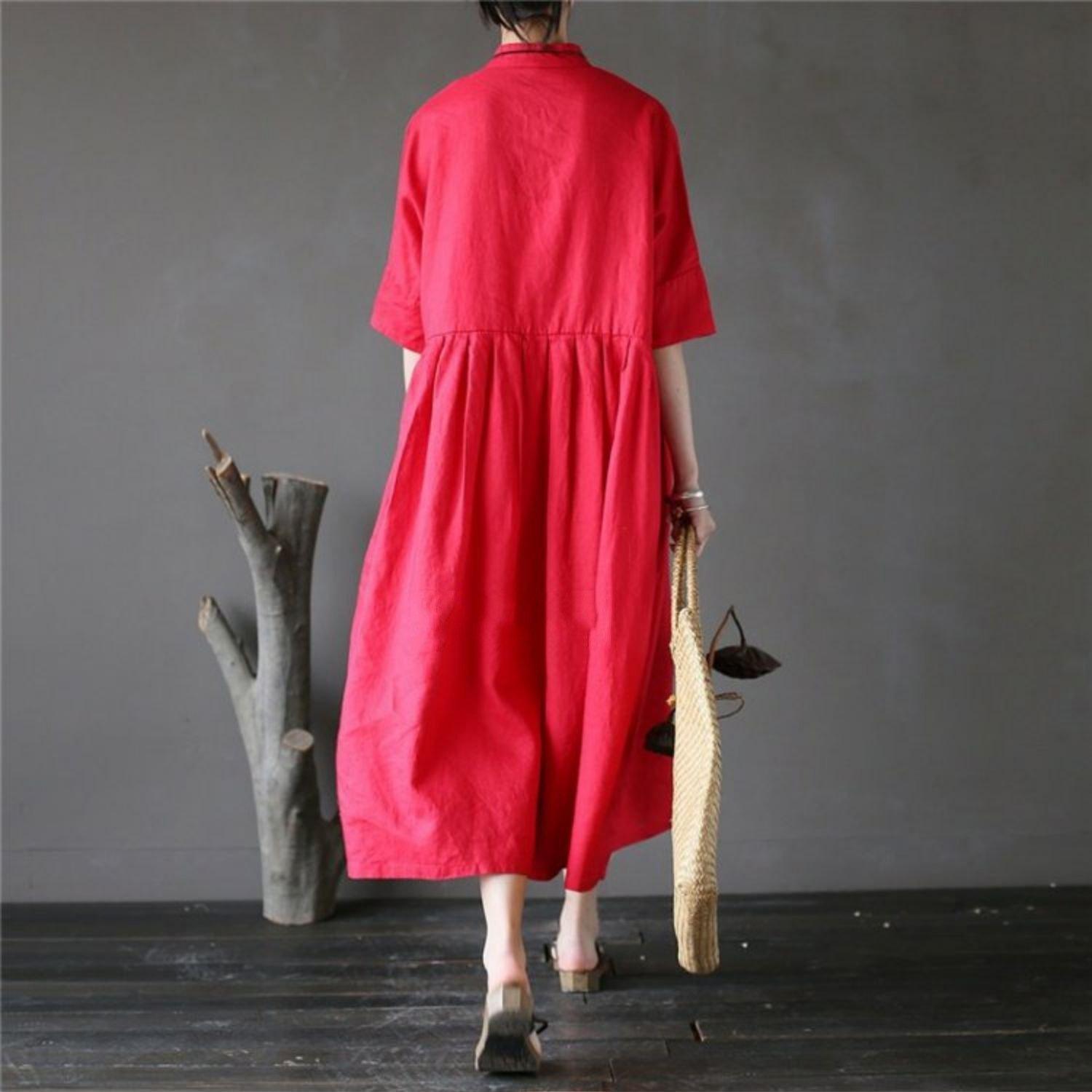 Classy half sleeve linen summer clothes For Women Tutorials red Dresses - Omychic