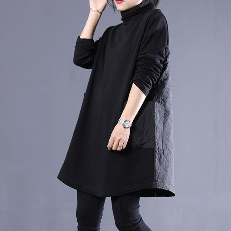 Classy high neck Cotton winter Tunics linen black Dresses - Omychic