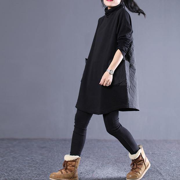 Classy high neck Cotton winter Tunics linen black Dresses - Omychic