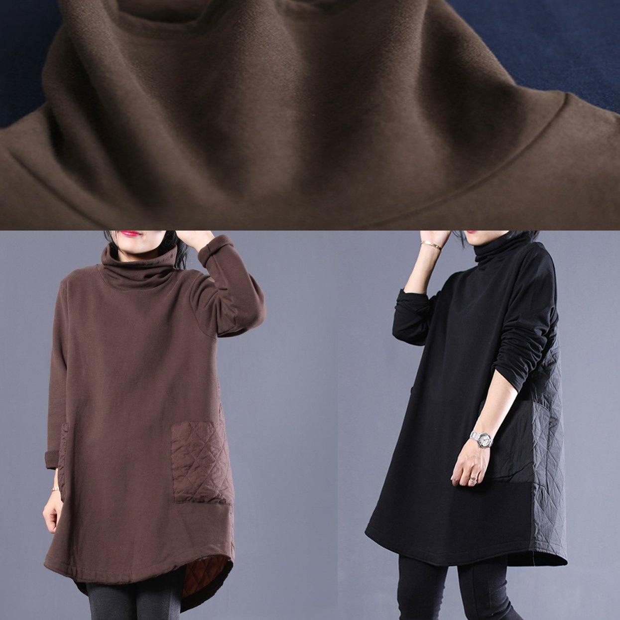 Classy high neck Cotton winter Tunics linen black Dresses - Omychic