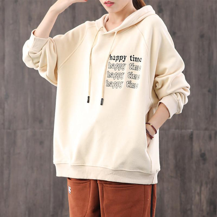 Classy hooded alphabet cotton crane tops Work nude blouses - Omychic