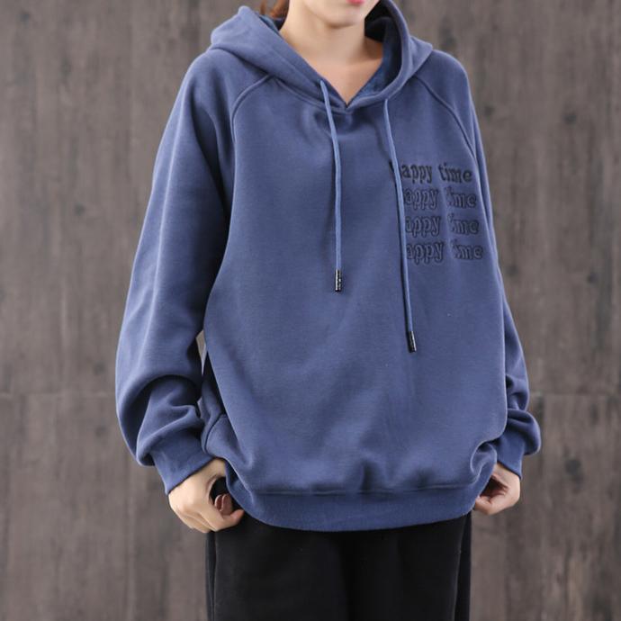 Classy hooded alphabet cotton tops for women Work Outfits blue blouses - Omychic