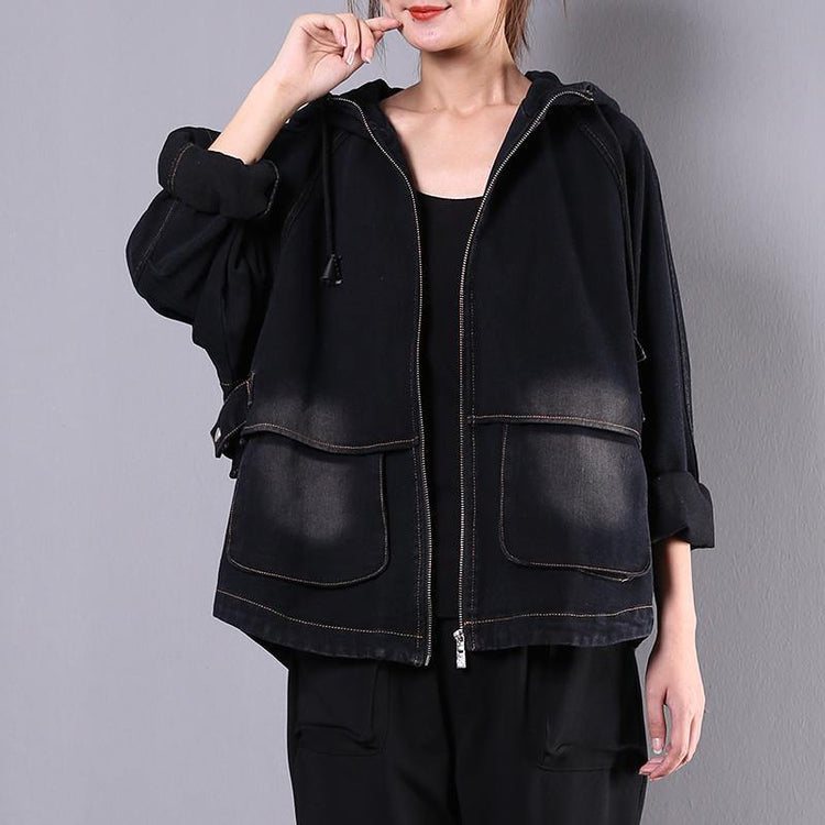 Classy hooded embroidery Fine outfit denim black silhouette jackets - Omychic