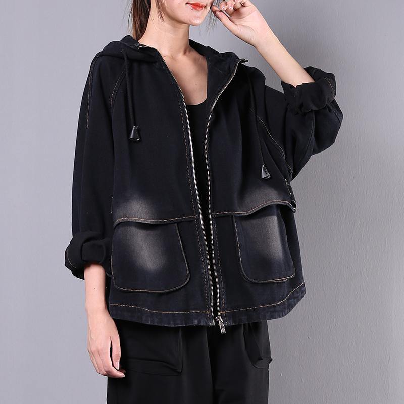 Classy hooded embroidery Fine outfit denim black silhouette jackets - Omychic